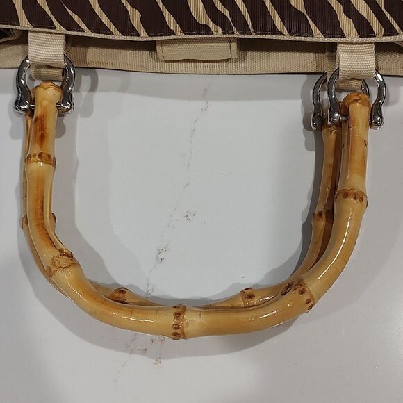 Alexandra Bartlett Bamboo Handle Striped Animal Print Small Tote Hand Bag - Picture 7 of 10